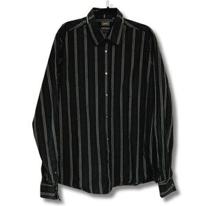 MEXX Black grey white vertical striped button-down shirt ~ Vintage LARGE XL 1X